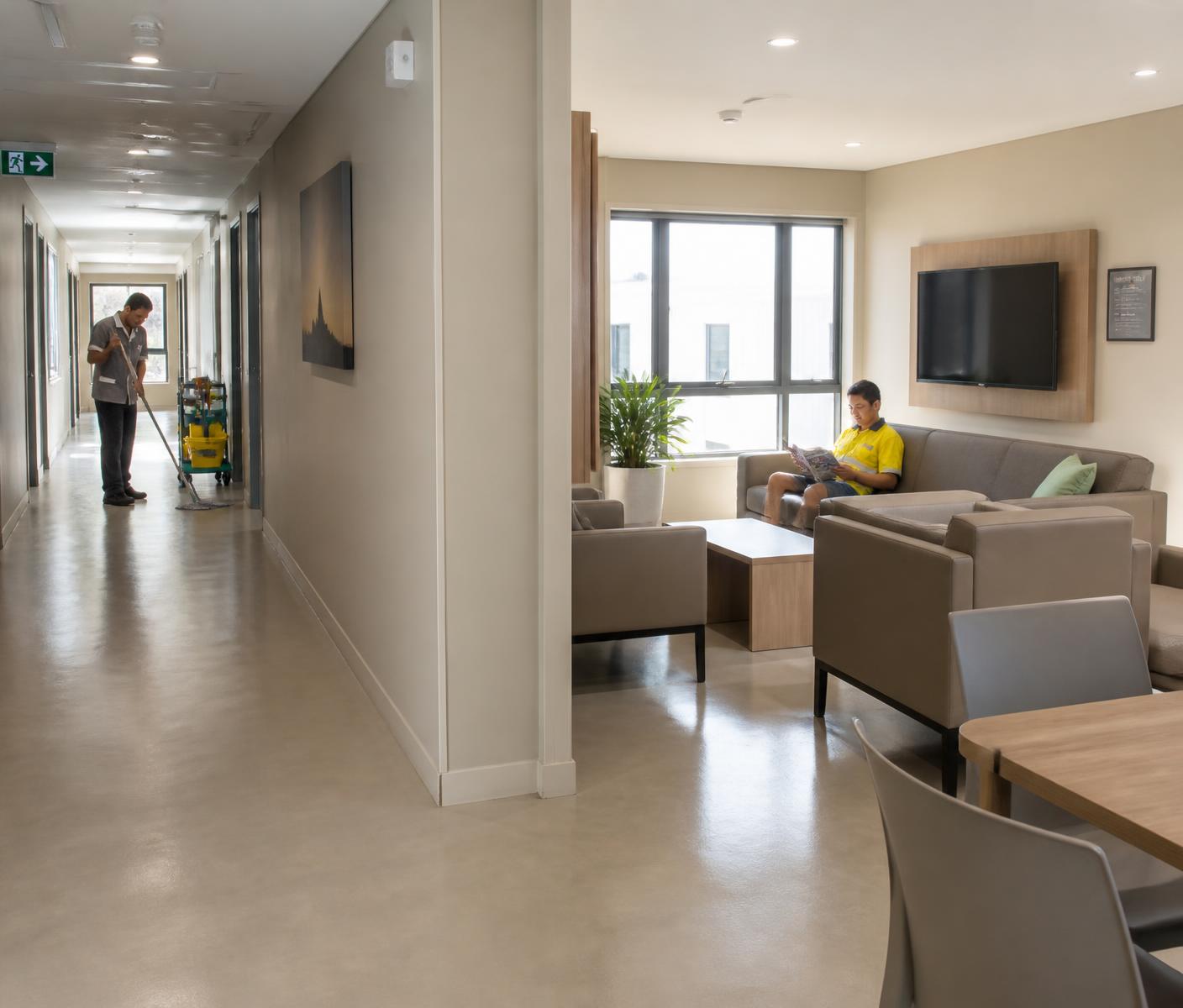 Clean, well-maintained common area inside a managed workforce accommodation building