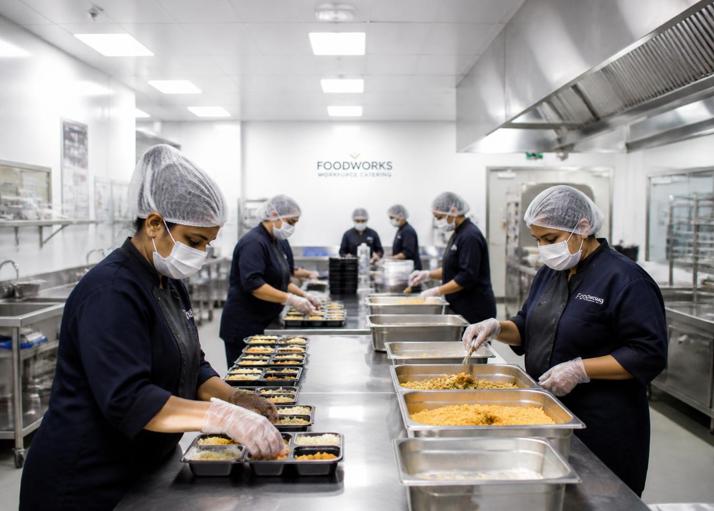Catering team preparing meals in a managed workforce accommodation kitchen