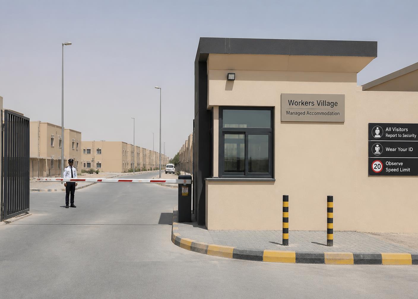 Gate access control point at the entrance of a managed workers village